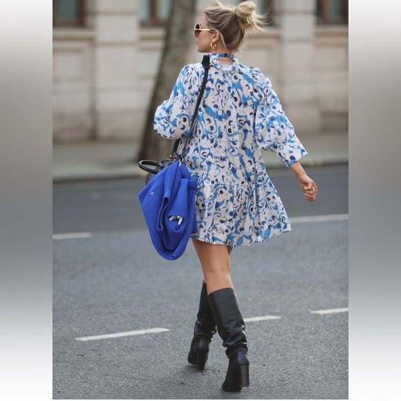 H&M hm Cotton Voile Ruffle Collar Peplum Mini Dress Drop waist Pattern Blue NWT - Picture 8 of 16